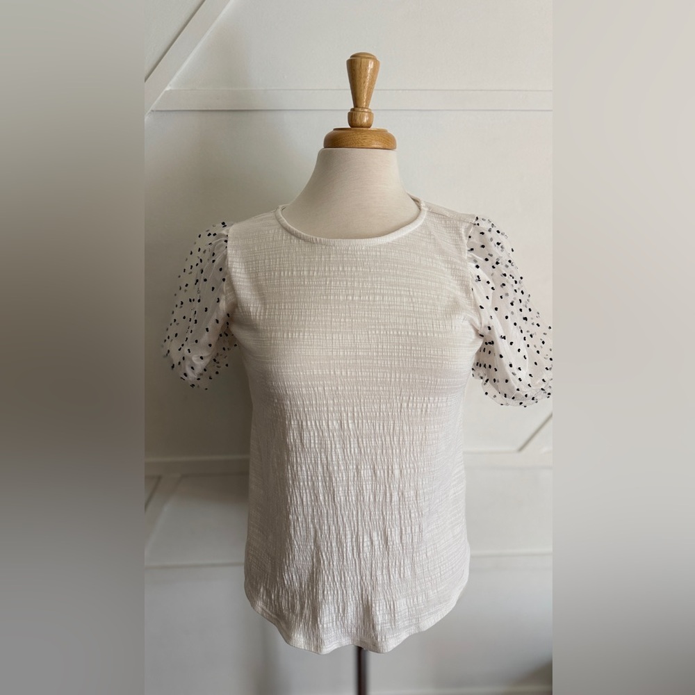 Textured White Puff Sleeve Top with Black Dot Sheer Sleeves